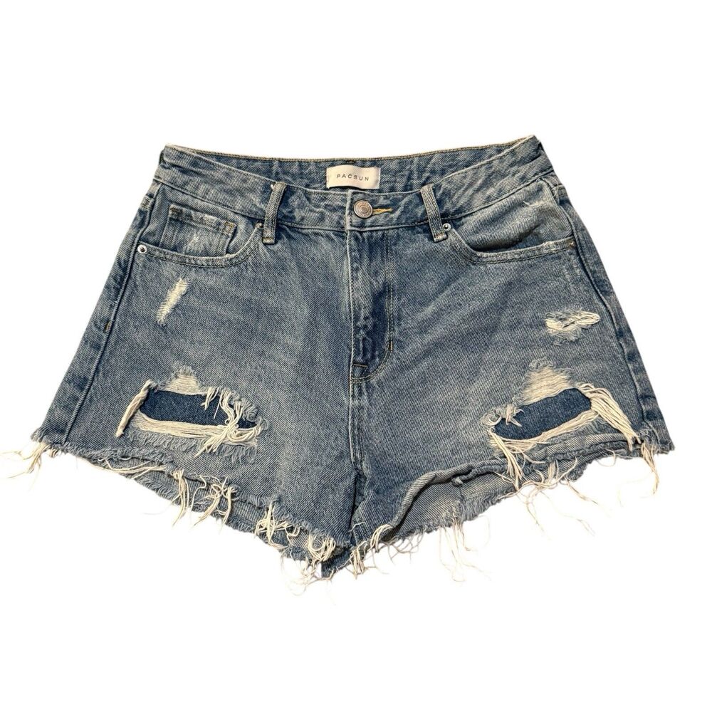 PacSun High Rise Festival Shorts Womens 25 Distressed Frayed Denim Jean Blue Cut